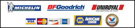 We carry Michelin, BFGoodrich, and Uniroyal. We accept Visa, MasterCard, Discover, and American Express. We are a NAPA AutoCare Center and we carry Valvoline products.