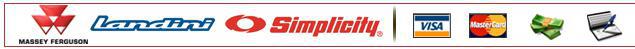 We carry Massey Ferguson, Landini, and Simplicity logos. We accept Visa, MasterCard, cash, and checks.