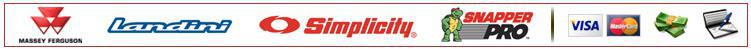 We carry Massey Ferguson, Landini, Simplicity, and Snapper Pro. We accept Visa, MasterCard, cash, and checks.