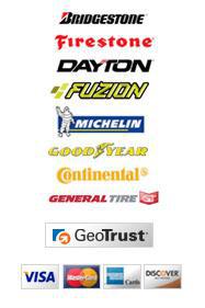 We carry Bridgestone, Firestone, Dayton, Fuzion, Michelin, Goodyear, Continental, and General. We accept Visa, MasterCard, Discover, and American Express. Our site is secured by GeoTrust.