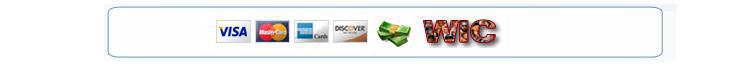 We accept the following methods of payment: Visa, MasterCard, American Express, Discover, cash, and WIC.