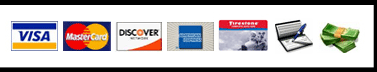 Visa, MasterCard, Discover, American Express, Firestone Card, Check, and Cash.