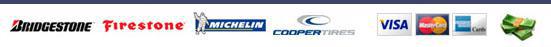We carry Bridgestone, Firestone, Michelin, and Cooper products. We accept Visa, MasterCard, American Express, and cash.