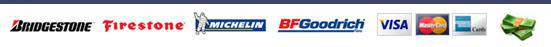 We carry Bridgestone, Firestone, Michelin, and BFGoodrich products. We accept Visa, MasterCard, American Express, and cash.
