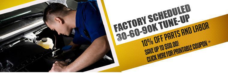 Save up to $50 on a factory scheduled 30-60-90K tune-up! Click here for printable coupon.