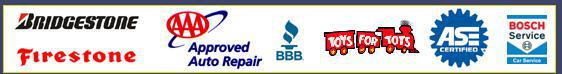 We carry Bridgestone and Firestone products. We are an AAA-approved auto repair facility. We are accredited by the Better Business Bureau. We are affiliated with Toys for Tots. We are ASE-certified. We are affiliated with Bosch Service.