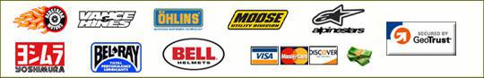 We carry Red Streak, Vance & Hines, Ohlins, Moose, Alpinestars, Yoshimura, Bel-Ray, and Bell products. We accept Visa and MasterCard.