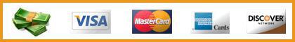 We accept cash, Visa, MasterCard, American Express, and Discover.
