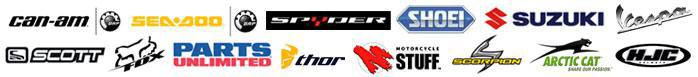 We carry Can-Am, Sea-Doo, Spyder, Shoei, Suzuki, Vespa, Scott, Fox, Parts Unlimited, Thor, Motorcycle Stuff, Scorpion, Arctic Cat, and HJC.