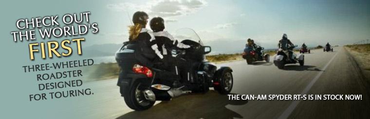 Check out the world's first three-wheeled roadster designed for touring. The Can-Am Spyder RT-S is in stock now!
