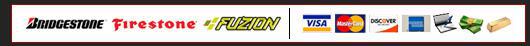 We carry Bridgestone, Firestone, and Firestone products. We accept Visa, MasterCard, Discover, American Express, checks, cash, and gold bars.