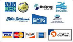 We carry Aqua, HotSpring, BioGuard, Esther Williams, and Family Fun products. We are a member of the Association of Pool and Spa Professionals. We accept Visa, MasterCard, Discover, and American Express. This site is secured by GeoTrust, click on the GeoTrust logo to learn more.