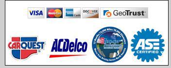 We accept Visa, MasterCard, Discover, and American Express. This site is secured by GeoTrust. Click on the GeoTrust logo to learn more. We carry CarQuest and ACDelco products. TechNet nationwide guarantee. Our technicians are ASE-certified.