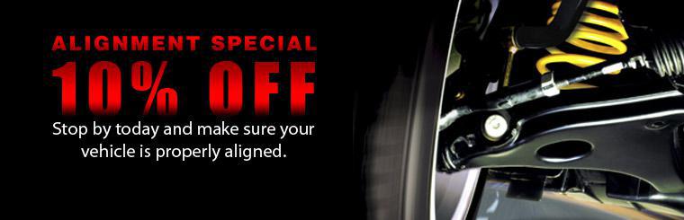 Take 10% off an alignment! Stop by today and make sure your vehicle is properly aligned.