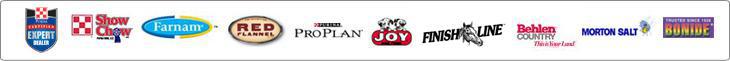 We carry products from Purina, Show Chow, Farnum, Red Flannel, Exclusive, Pro Plan, Joy, Finish Line, Behlen, Morton Salt, and Bonide.
