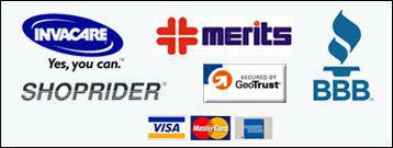 We carry Invacare, Shop Rider, and Merits products. We accept Visa, MasterCard, and American Express.