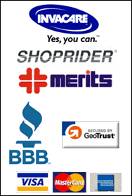 We carry Invacare, Shop Rider, and Merits products. We accept Visa, MasterCard, and American Express.