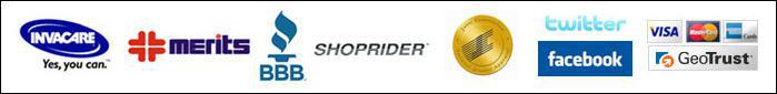 We carry Invacare, Shop Rider, and Merits products. We accept Visa, MasterCard, and American Express.