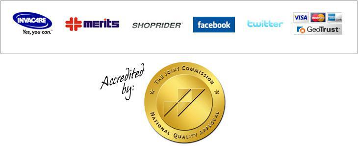 We carry Invacare, Shop Rider, and Merits products. We accept Visa, MasterCard, and American Express.