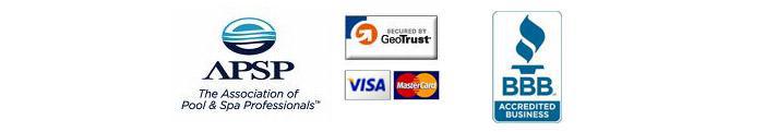 We are accredited by the Better Business Bureau. We accept Visa and MasterCard. We belong to the Association of Pool & Spa Professionals.