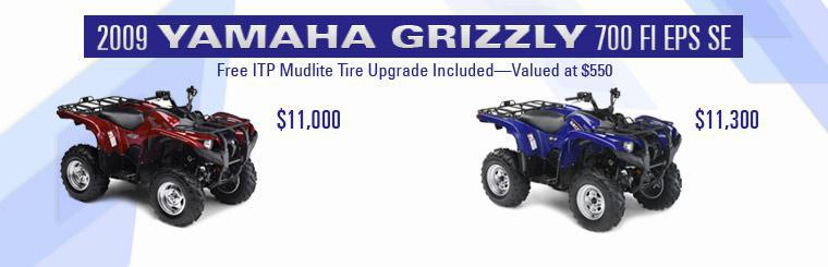 Buy a 2009 Yamaha Grizzly 700 FI EPS SE. A free ITP Mudlite tire upgrade is included! Click here for more information.