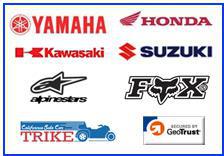 We carry Yamaha, Honda, Kawasaki, Suzuki, Alpinestars, Fox, and California Side Car Trike.