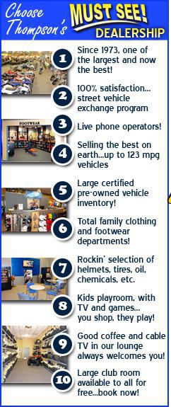 Choose Thompson's, a must see dealership! 1. Since 1973, and now one of the largest! 2. 100% satisfaction street vehicle 48/48 exchange program! 3. Live phone operators! 4. Selling the best brands on earth ... up to 123 mpg! 5. Large certifed pre-owned inventory ... including Harleys! 6. Full family safety, casual clothes, and footwear department 7. Must-see selection of helmets, oils, chemicals and tire room! 8. Kids playroom with flat screen TV and games ... they play ... you shop! 9. Lounge offers complimentary coffee; flat screen TV welcomes you! 10. Complimentary large club room ready for your events and meetings! 11. Express value menu on oil and tire changes ... no appointments needed!