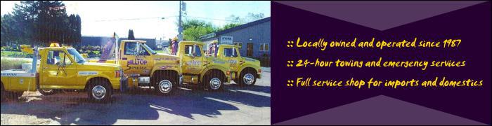 Hilltop Service Center has been locally owned and operated since 1987. We offer 24-hour towing and emergency services. We have a full service shop for imports and domestics.