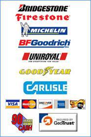 We carry Bridevine, Firestone, BFGoodrich, Goodyear, and Carlisle. We accept Visa, MasterCard, Discover, American Express. We offer 90-Day-same-as-cash Card.