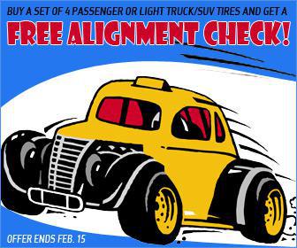 Buy a set of 4 passenger or light Truck/Suv tires and get a Free Alignment Check! Offer ends Feb. 15, 2009.