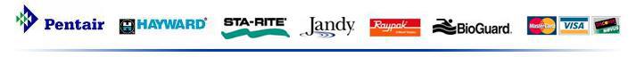 We carry following brands: Pentair, Hayward, Sta-Rite, Jandy, Raypak, and BioGuard. We accept MasterCard, Visa, and Discover.