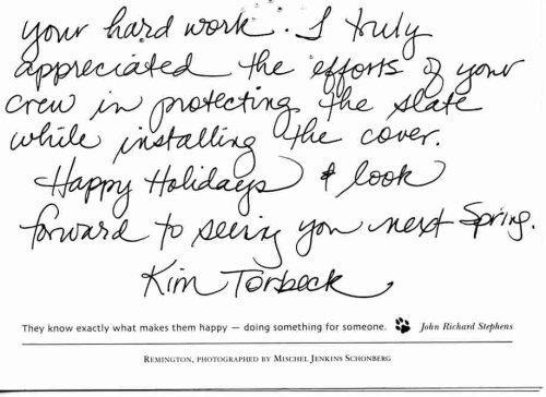'Greg and the group at Klimat Master, I want to thank you for the super job you all did of installing our safety cover in our new slate tile. I have been impressed over and over again... thank you for all your hard work. Happy holidays and look forward to seeing you next spring. Kim Torbeck'