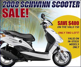 2008 Schwinn Scooter Sale: Save $400 on the Valo 150. Only two left! Valid on in-stock models only.