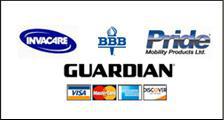 We carry Invacare, Pride, and Guardian products. We are a Better Business Bureau member. We accept Visa, MasterCard, American Express, and Discover.