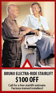Bruno Electra-Ride Stairlift: $100 off. Call for a free stairlift estimate. Factory-trained installers!