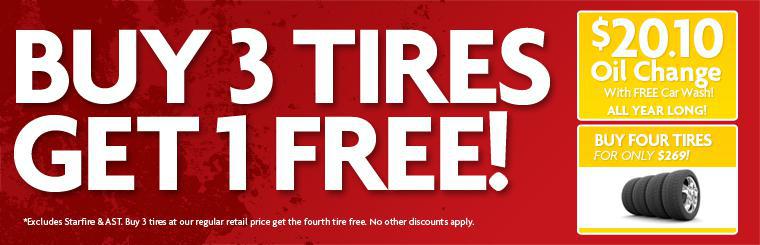Buy 3 Tires Get 1 Free! Certain restrictions apply. See stores for details.