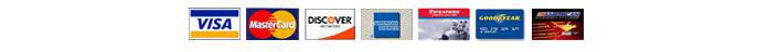 We accept Visa, MasterCard, Discover, American Express, Firestone card, Goodyear card, and ACCC card.