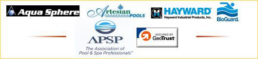 We carry Aqua Sphere, Artesian Pools, Hayward, BioGuard. We are accredited by the Association of Pool & Spa Professionals.