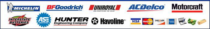 We carry the following brands: Michelin, BFGoodrich, Uniroyal, ACDelco Motorcraft, Interstate Batteries, Hunter, and Havoline. We are ASE-certified. We accept the following forms of payment: Visa, MasterCard, Discover, American Express, checks, cash, and gold bars.