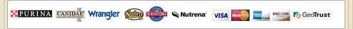 We carry products from Purina, Canidae, and Wrangler. We accept Visa, Mastercard, American Express, and Discover.