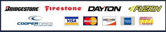 We carry Bridgestone, Firestone, Dayton, Fuzion, and Cooper tires. We accept Visa, MasterCard, Discover, American Express, and Autopass card.
