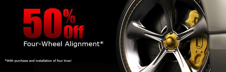 Take 50% off a four-wheel alignment with the purchase and installation of four tires.