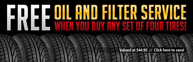 Get a free oil and filter service when you buy any set of four tires. Click here for coupon.