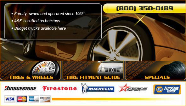 We carry products from Bridgestone, Firestone, Michelin, and American Racing. We are affiliated with NAPA AutoCare Center. We accept Visa, MasterCard, American Express, and Discover.
