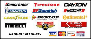 We carry Bridgestone, Firestone, Dayton, Michelin, BFGoodrich, Uniroyal, Good Year, Dunlop, Continental, Pirelli, Mickey Thompson, and Kumho Tires products.  We provide national accounts. We acept Visa, MasterCard, Discover, and Firestone cards.