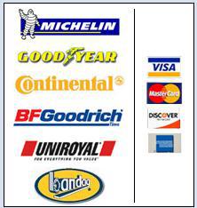 We carry following brands: Michelin, Goodyear, Continental, BFGoodrich, Uniroyal, and Bandag. We accept Visa, MasterCard, Discover, and American Express.