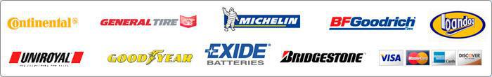 We carry products from Continental, General Tire, Michelin, BFGoodrich, Bandag, Uniroyal, Good Year, Exide Batteries, and Bridgestone. We accept Visa, MasterCard, American Express, and Discover.