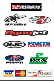 Brands we carry: Yoshimura, Alpinestars, Joe Rocket, Dynojet, HJC, Parts Unlimited, Tucker Rocky, and Rock Oil. We accept Visa, MasterCard, and Discover. This site is secured by GeoTrust.