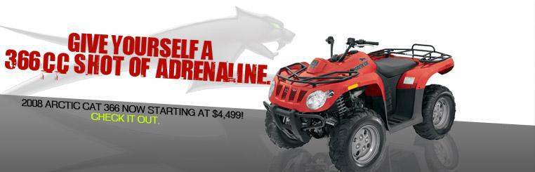 Give yourself a 366cc shot of adrenaline with the 2008 Arctic Cat 366, now starting at $4,499! Check it out.