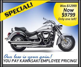Special! Our loss is your gain! You pay Kawasaki employee pricing! Was $12,999; now $9,799. Only one left!